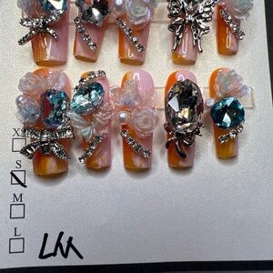 Embellished Pink and Orange Nail Set Long, XS 3D Handmade